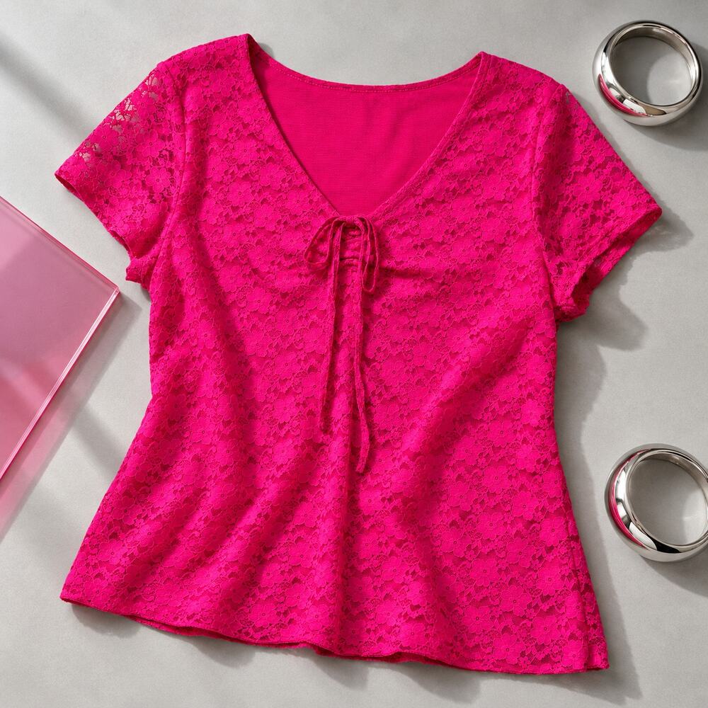Faded Glory Hot Pink Lace Tie Front Top Size L 12/14